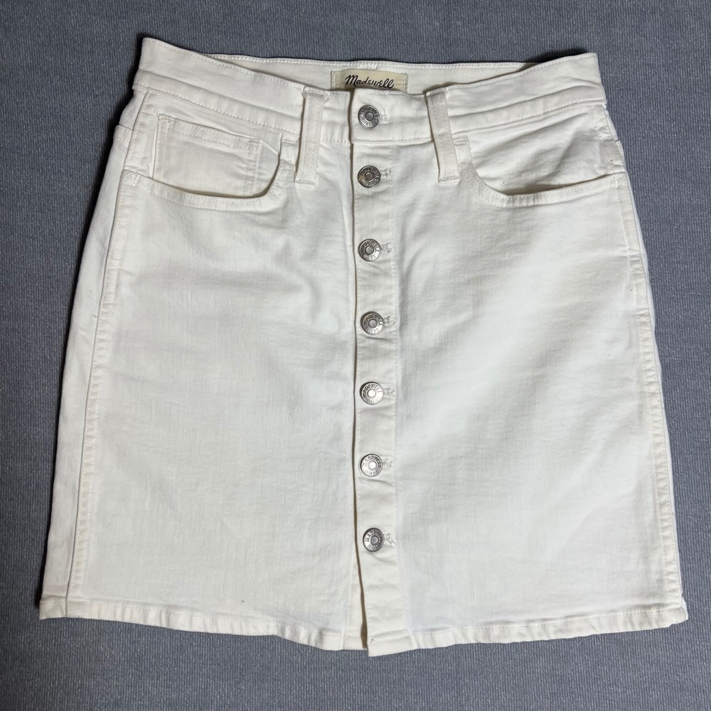 Madewell White Denim Button Front Mini Skirt Size 26 High Rise Five Pocket